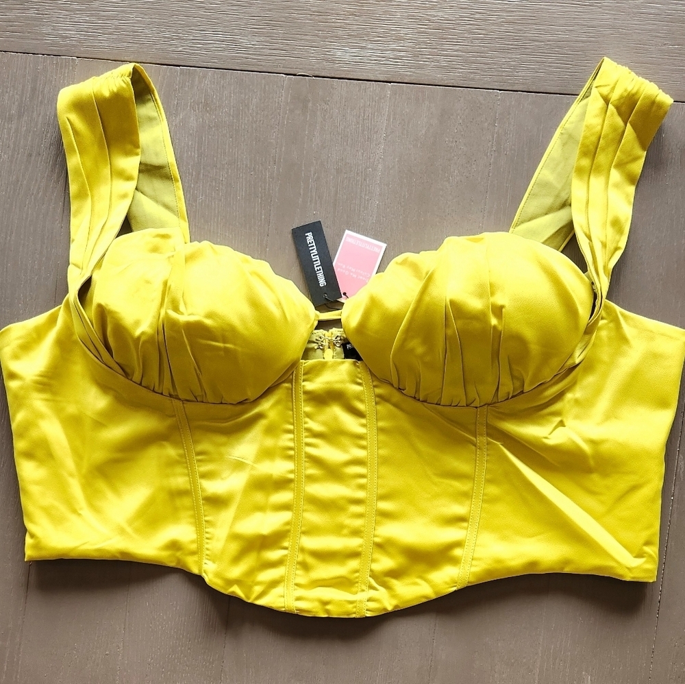 Pretty Little Thing Yellow Satin Corset Top Sz 26 - Picture 2 of 6